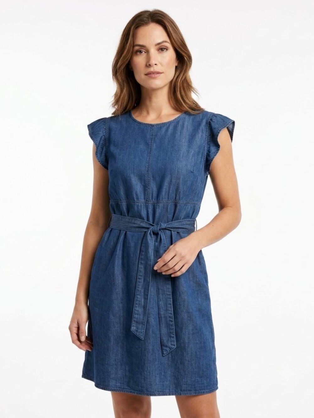 NEW COLLECTION MADE IN ITALY BLUE DENIM RUFFLE CAP SLEEVE WAIST TIE MINI DRESS